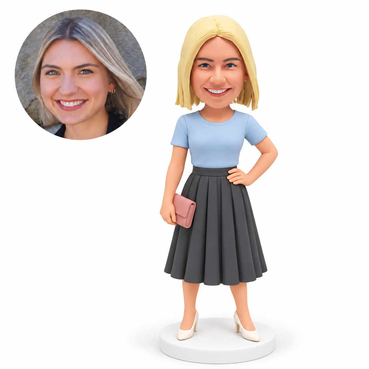 custom bobblehead figure woman in a pleated midi skirt holding a clutch with one hand on her hip
