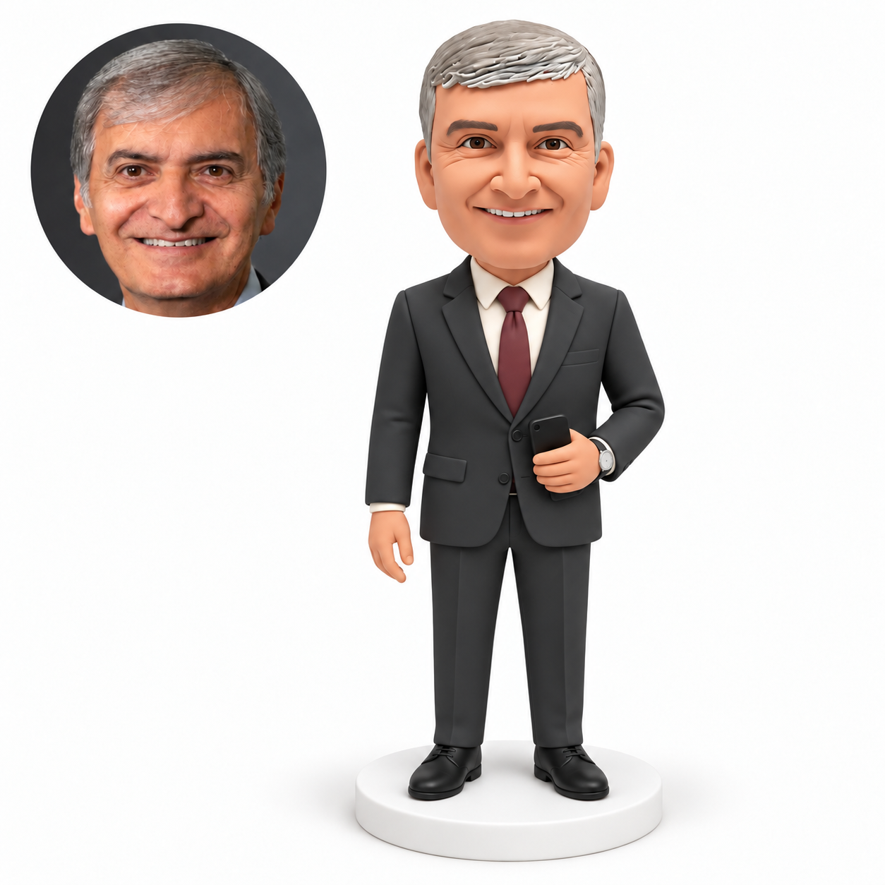 custom bobblehead figure businessman in a suit holding a smartphone at his waist with his other arm down