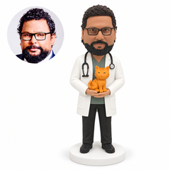 custom bobblehead figure male veterinarian supporting a seated cat in both hands