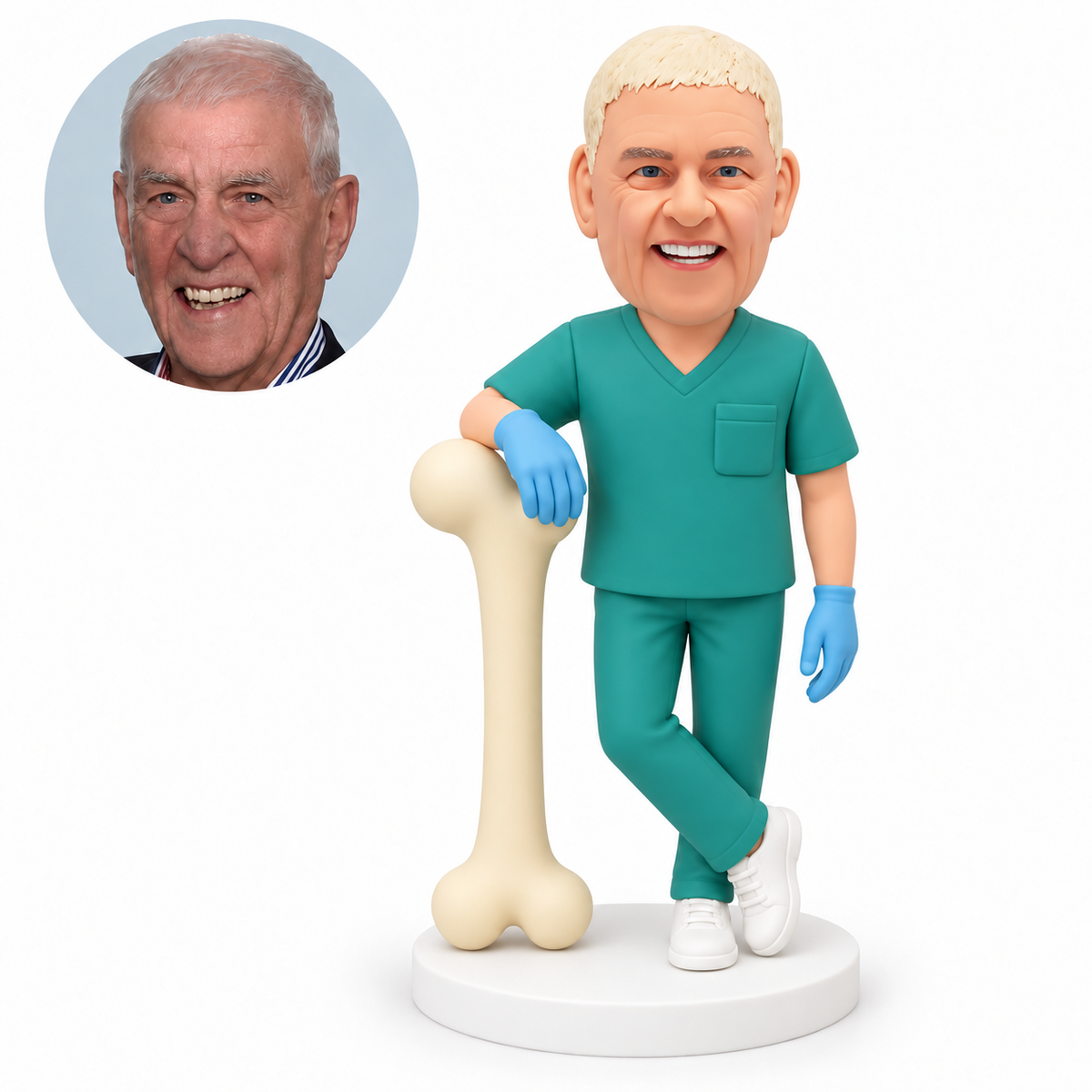 custom bobblehead figure male orthopedic surgeon resting one gloved hand on a large upright bone model