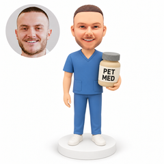 custom bobblehead figure male veterinarian in scrubs holding a large pet medicine bottle