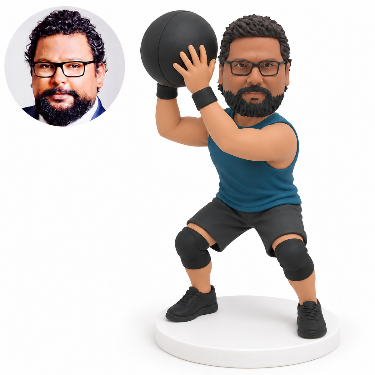 custom bobblehead figure man in gym shorts holding a medicine ball above one shoulder with both hands