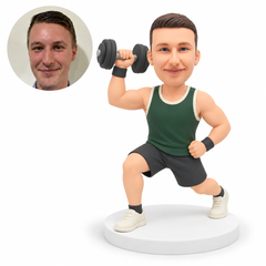 custom bobblehead figure man lunging in gym shorts while raising one dumbbell and holding his other fist at his waist