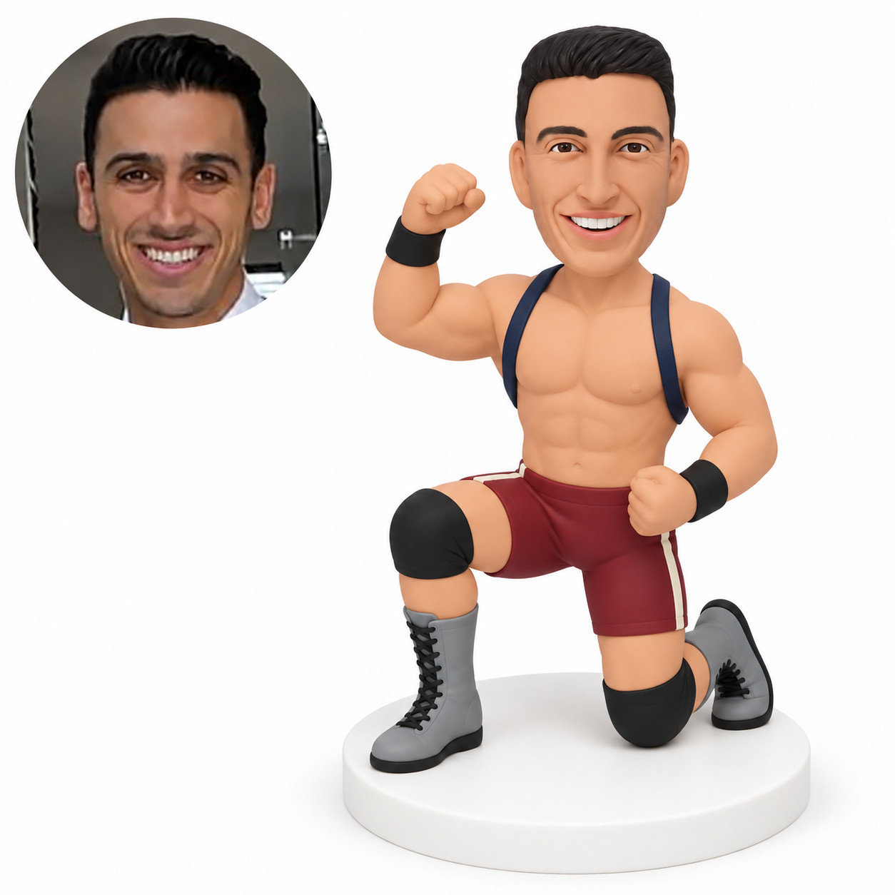 custom bobblehead figure male wrestler kneeling on one knee with one fist raised and his other fist at his waist