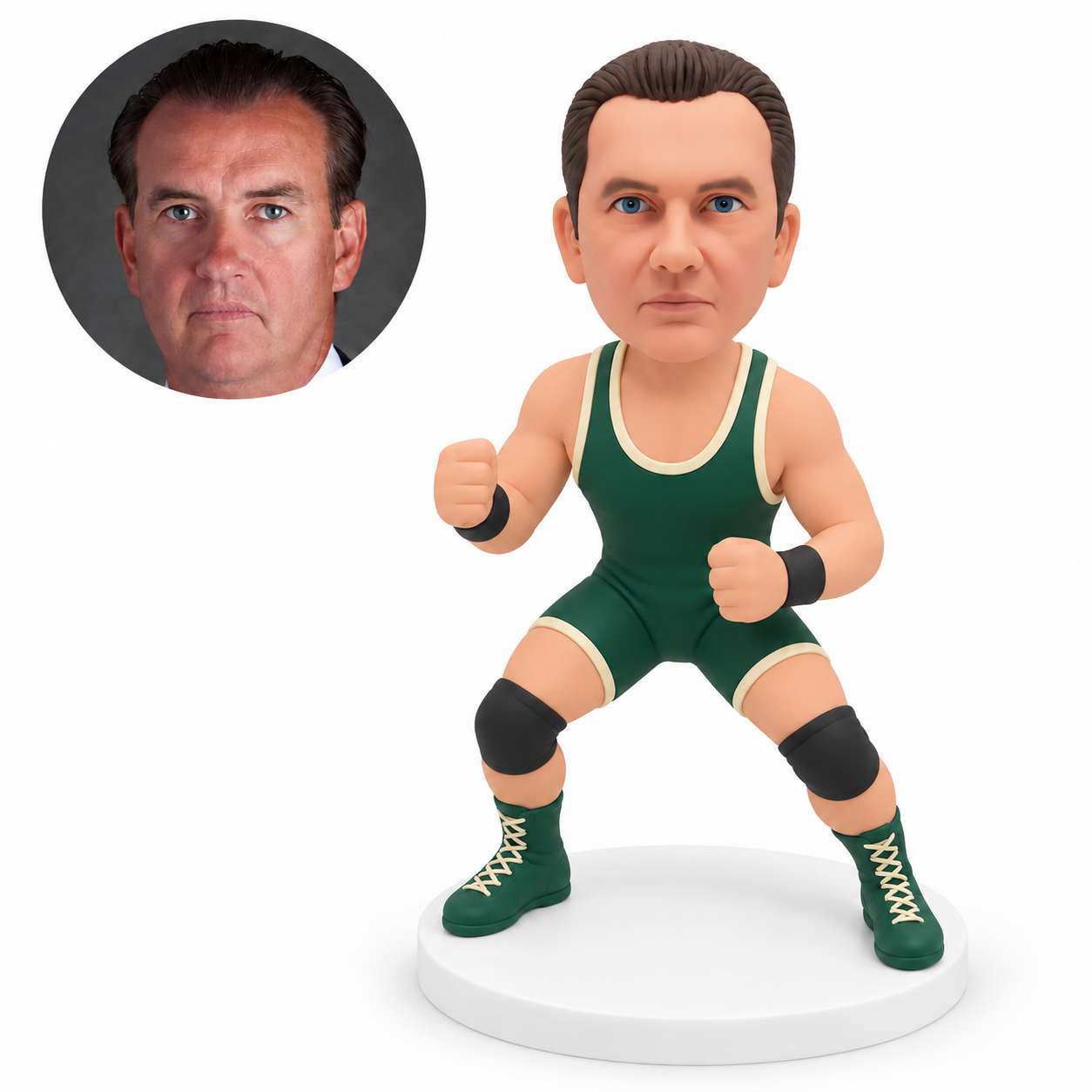 custom bobblehead figure male wrestler in a wide crouching guard with one fist at chest height and one fist at his abdomen