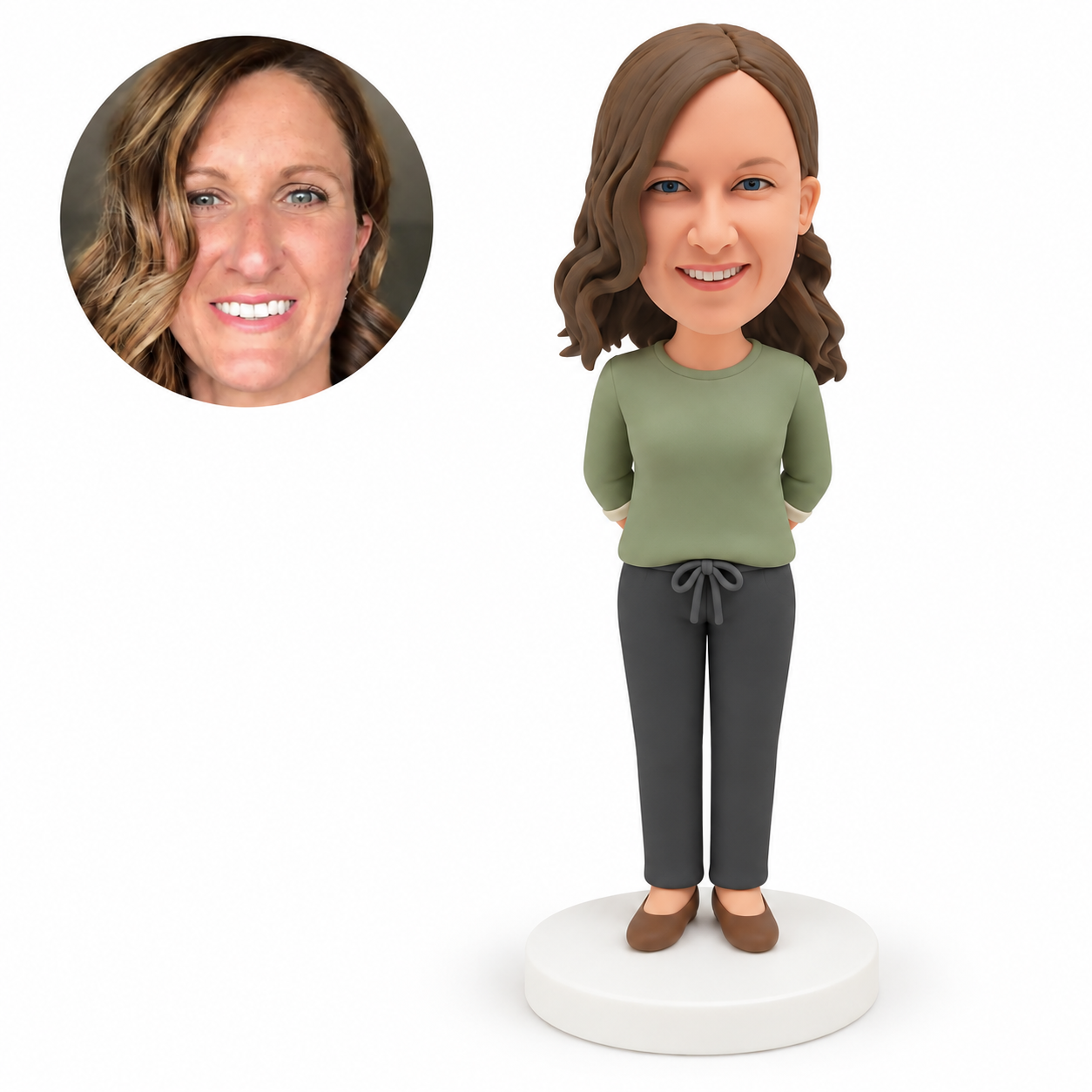 custom bobblehead figure woman in a long-sleeved top and full trousers standing with both hands behind her back