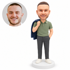 custom bobblehead figure man in a polo shirt carrying a jacket over one shoulder with his other hand in his pocket