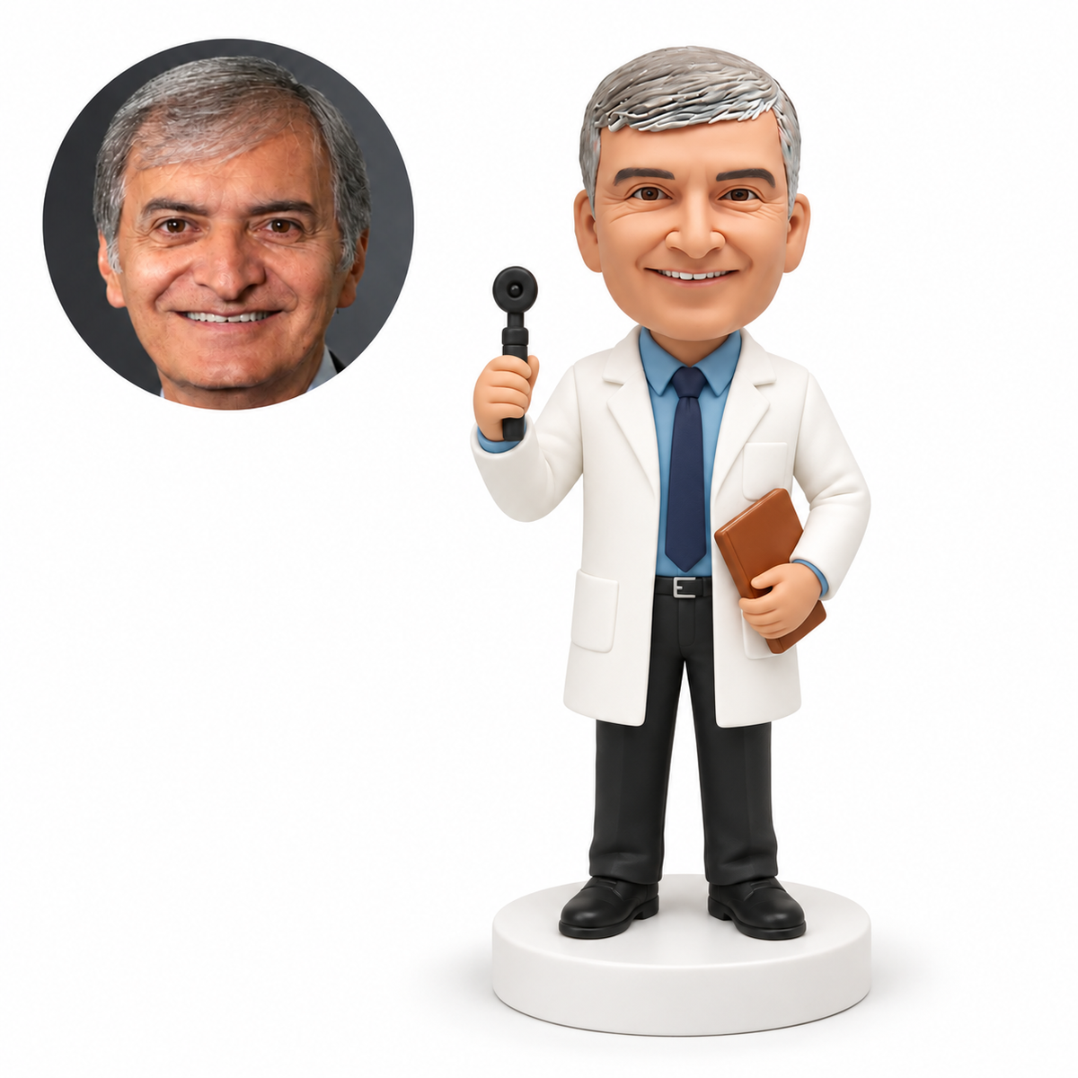 custom bobblehead figure male ophthalmologist holding an upright examination instrument and a closed book at his side