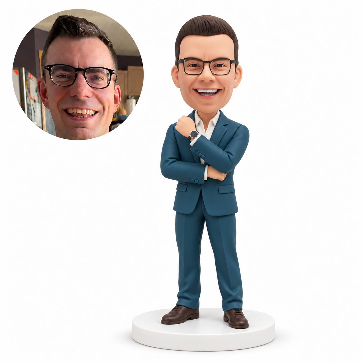 custom bobblehead figure businessman presenting his wristwatch with one forearm raised diagonally and the other folded underneath