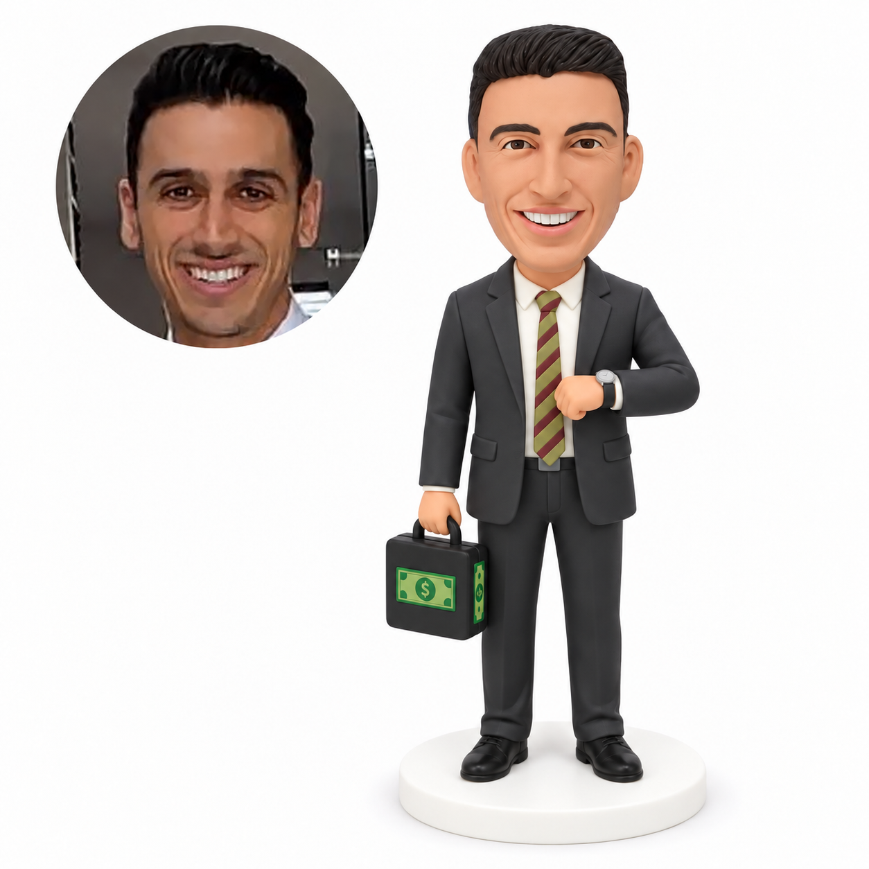 custom bobblehead figure businessman carrying a money case while presenting his wristwatch with his other forearm raised