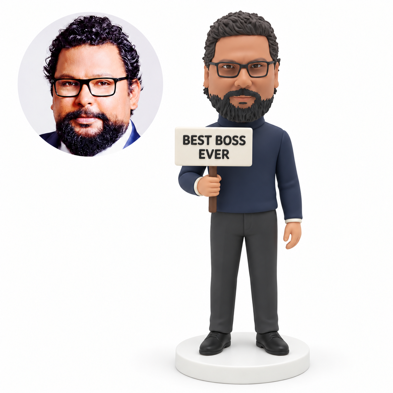 custom bobblehead figure man in a long-sleeved top holding a short-handled best boss sign with his other arm down
