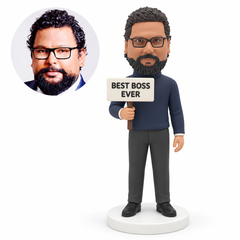 custom bobblehead figure man in a long-sleeved top holding a short-handled best boss sign with his other arm down