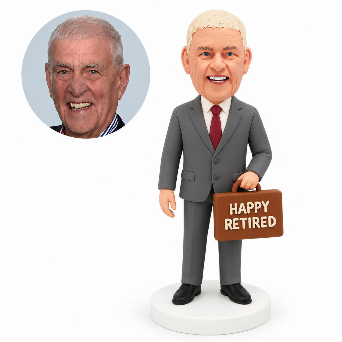 custom bobblehead figure retired businessman holding a horizontal briefcase by its handle in front of one thigh with his other arm down