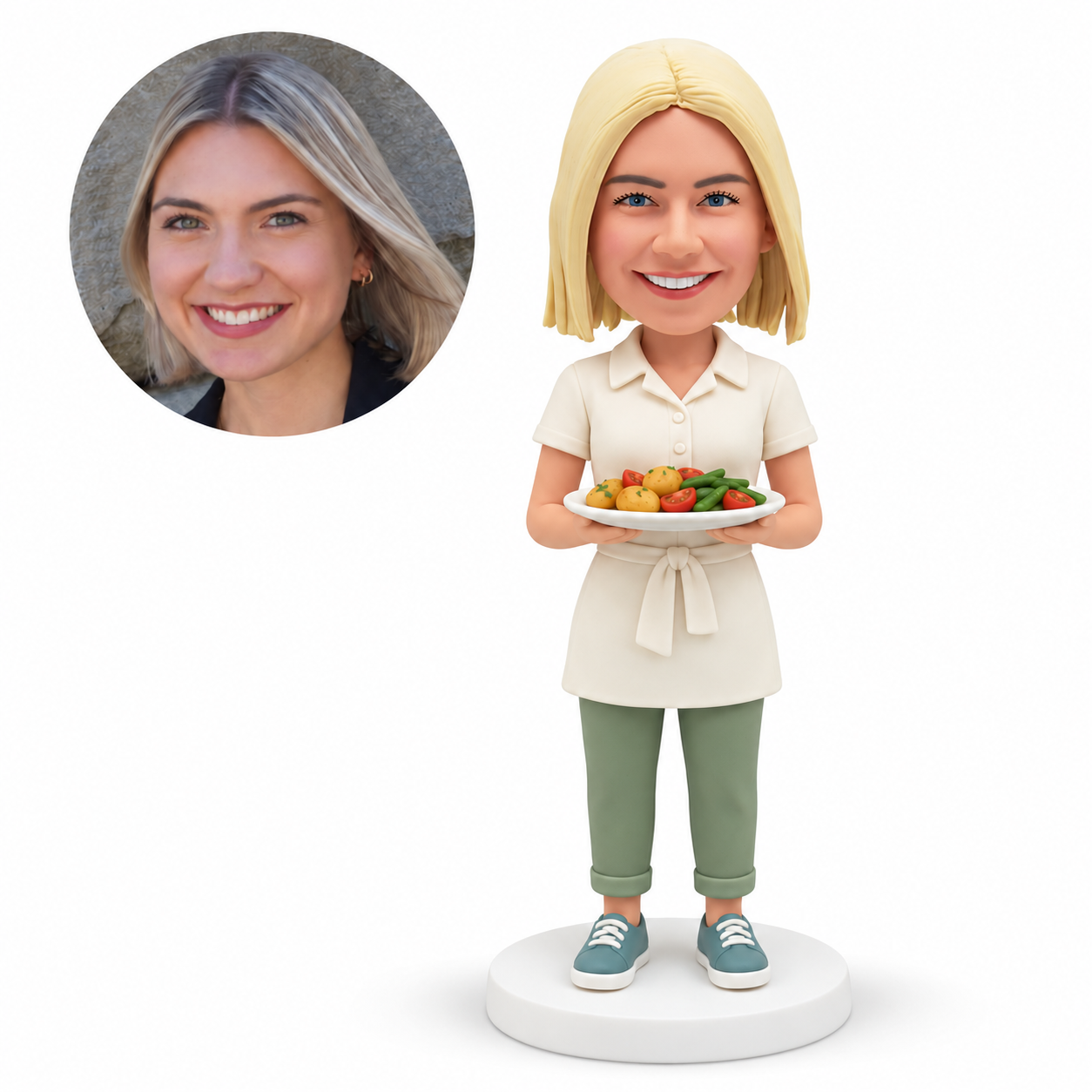 custom bobblehead figure female server in an apron supporting a plate of food with both hands