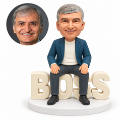 custom bobblehead figure man seated on BOSS letters with feet apart and both hands on his knees MGA-AC1200