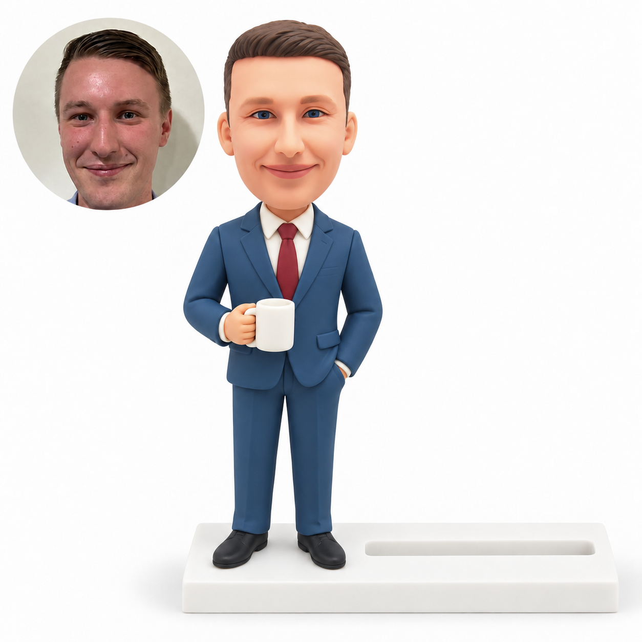 custom bobblehead figure businessman holding a mug with one hand in his pocket on a business card holder base MGA-AC1207