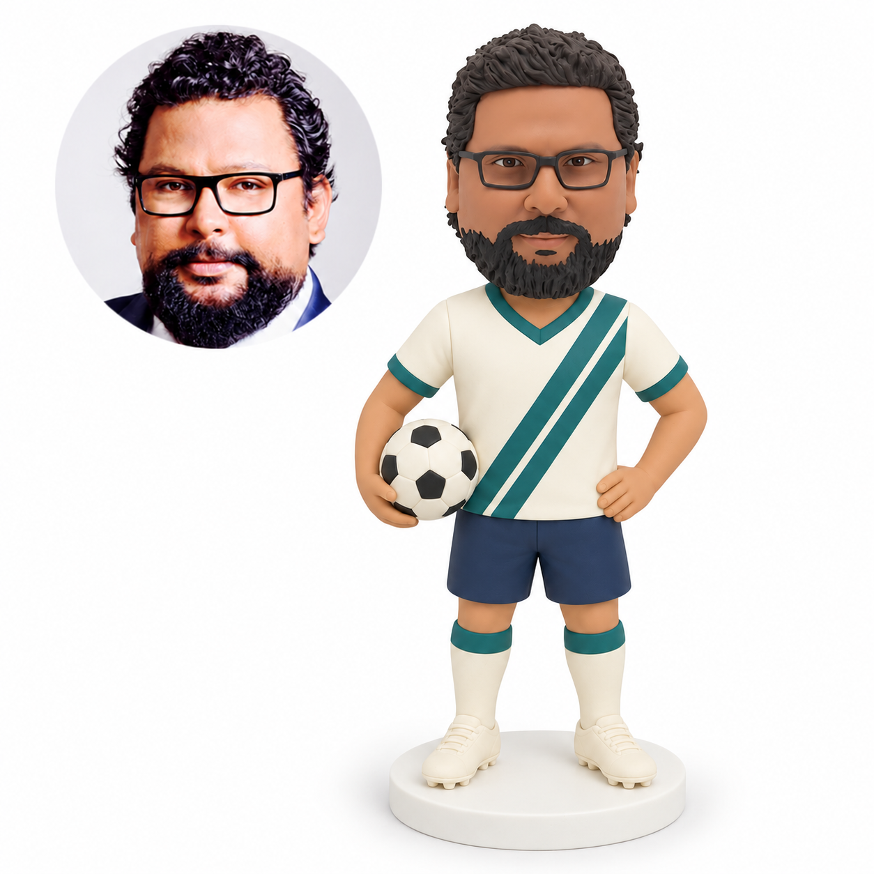 custom bobblehead figure male soccer player holding a ball at one hip with his other hand on his hip