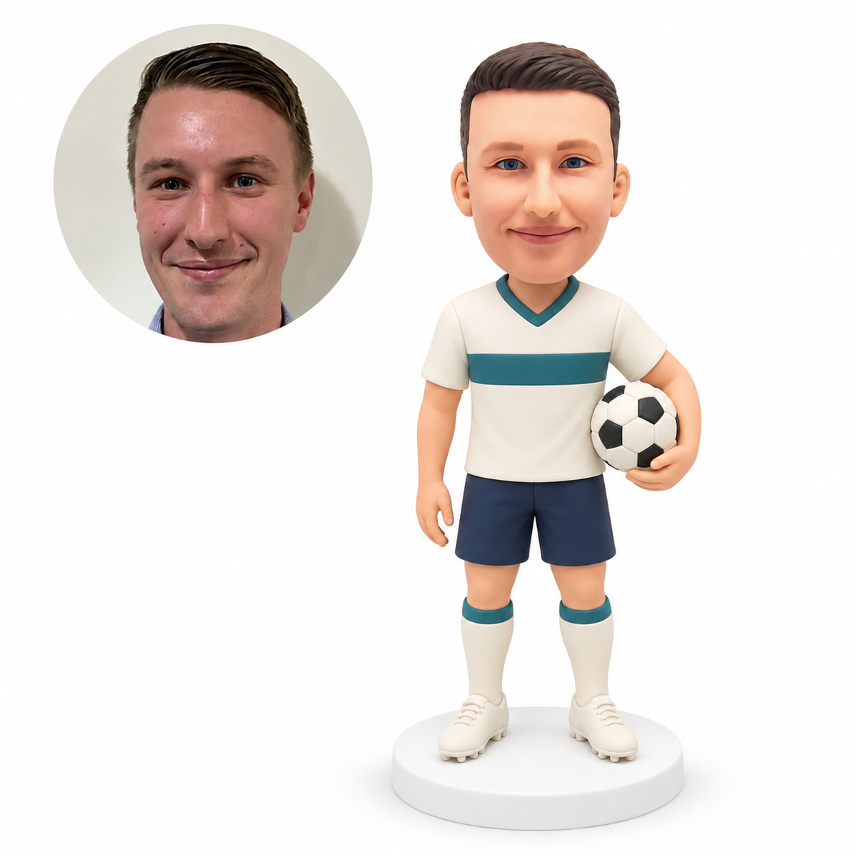 custom bobblehead figure male soccer player holding a ball at his side with his other arm down