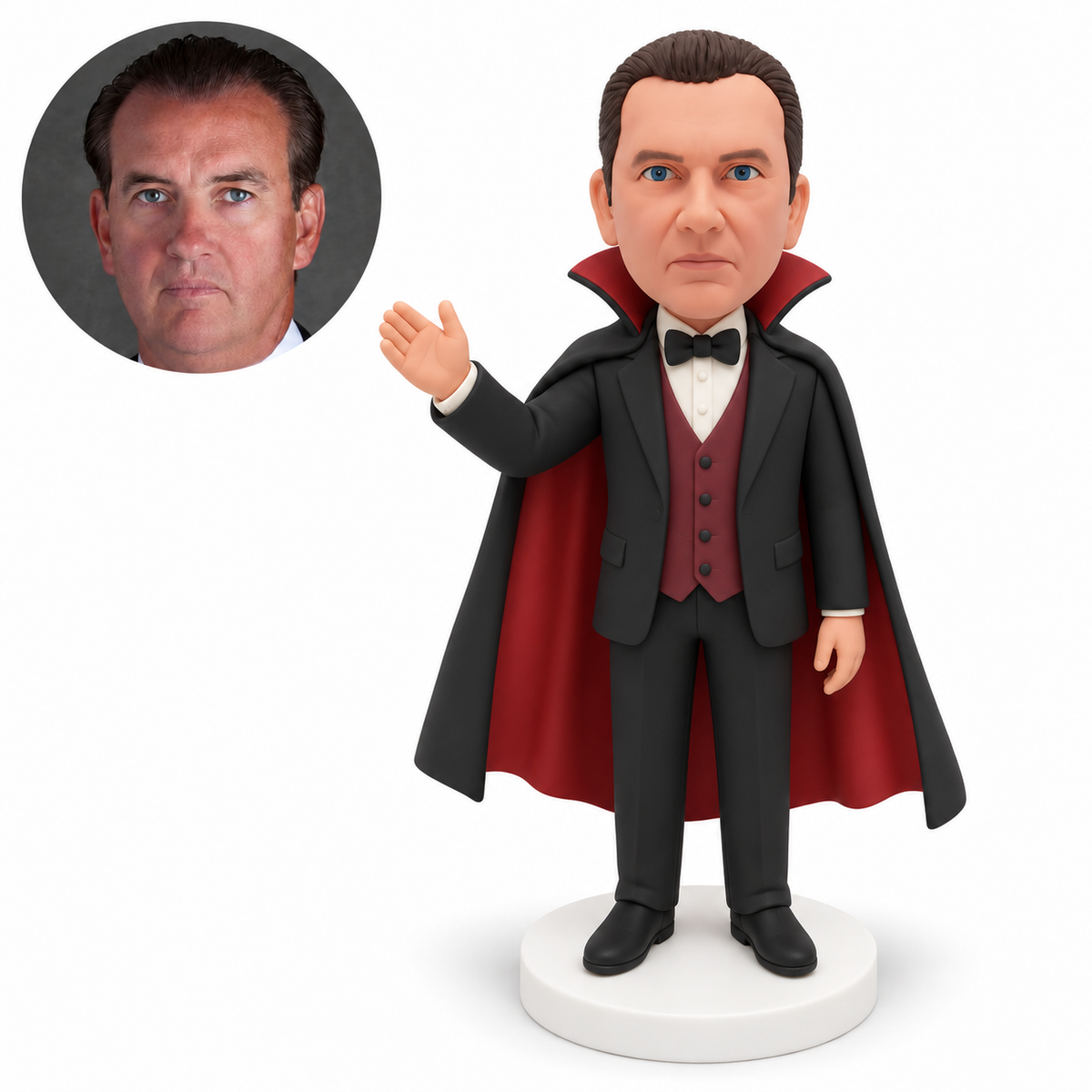 custom bobblehead figure man in a vampire suit and cape raising one open palm