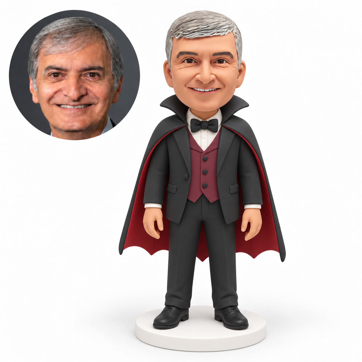 custom bobblehead figure man in a vampire suit and high-collared cape with both arms down