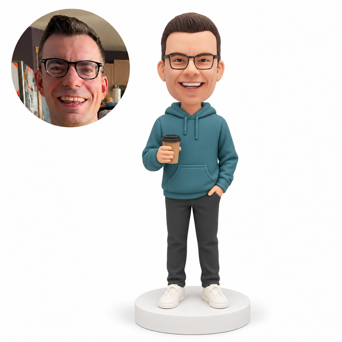 custom bobblehead figure man in a hooded pullover holding a takeaway coffee cup with his other hand in a trouser pocket MGA-AC1232