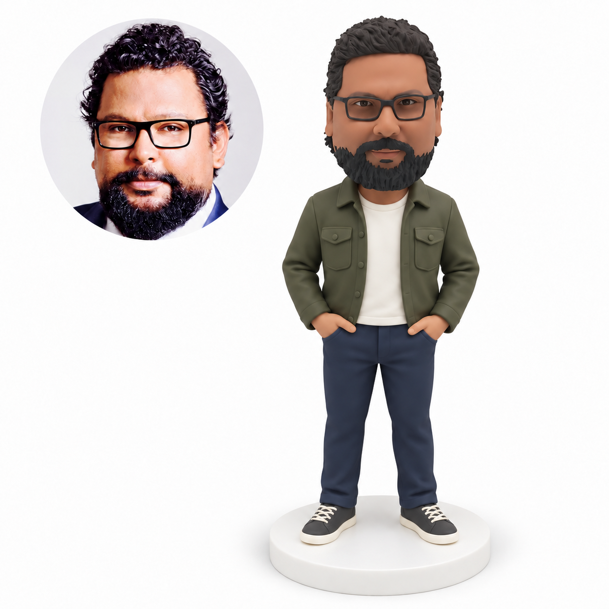 custom bobblehead figure man in an open work jacket with both hands in his trouser pockets MGA-AC1235