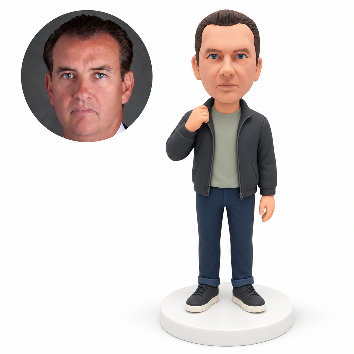 custom bobblehead figure man in a zip jacket grasping one collar with his other arm down MGA-AC1236