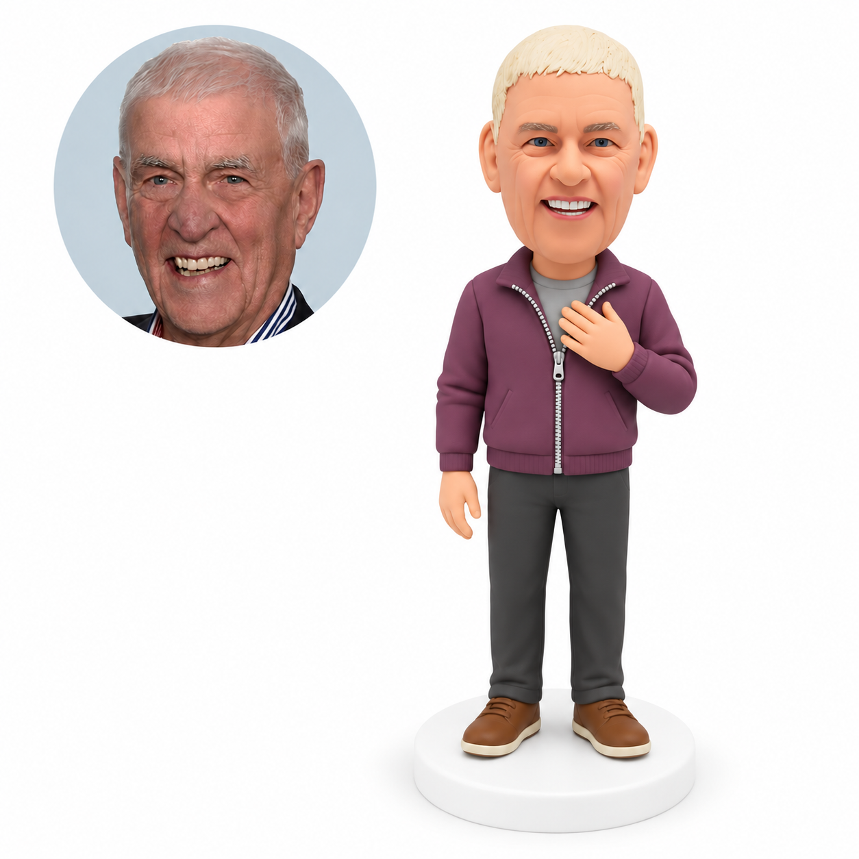 custom bobblehead figure man in a zip jacket resting one open hand on his chest with his other arm down MGA-AC1238