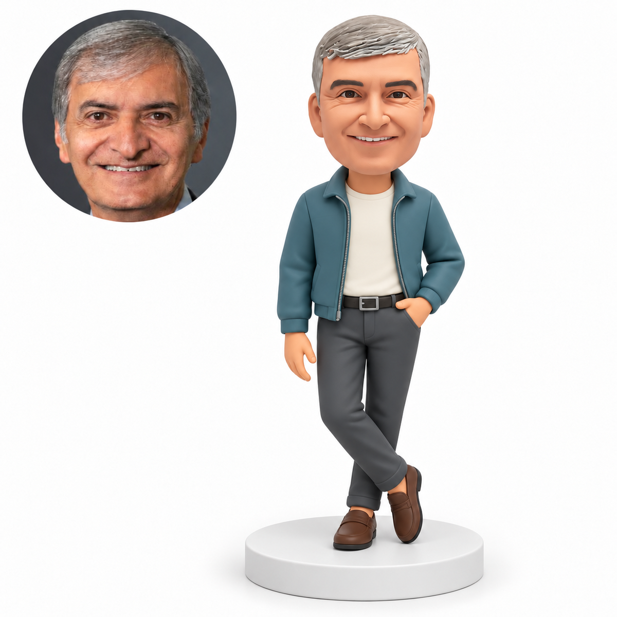 custom bobblehead figure man in a zip jacket standing with crossed ankles and one hand in a trouser pocket MGA-AC1239