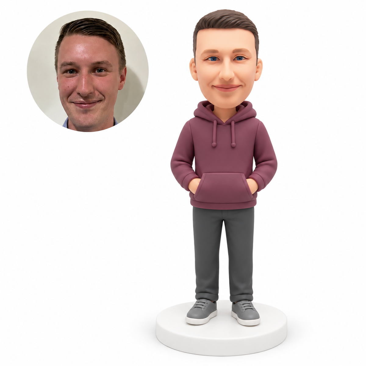 custom bobblehead figure man in a hooded pullover with both hands in the front pouch MGA-AC1241