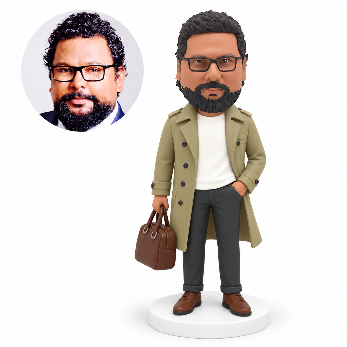 custom bobblehead figure man in an open trench coat carrying a bag with his other hand in a trouser pocket MGA-AC1244
