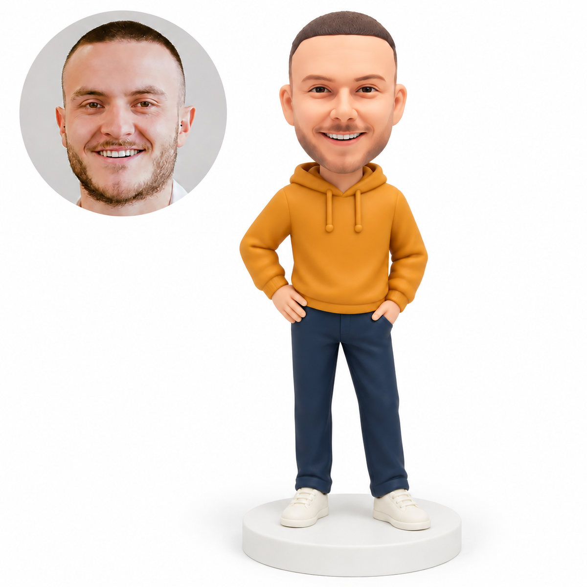 custom bobblehead figure man in a hooded pullover with one hand on his hip and the other in a trouser pocket MGA-AC1246