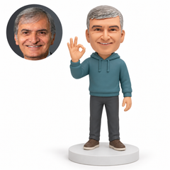 custom bobblehead figure man in a hooded pullover making an OK hand gesture MGA-AC1247