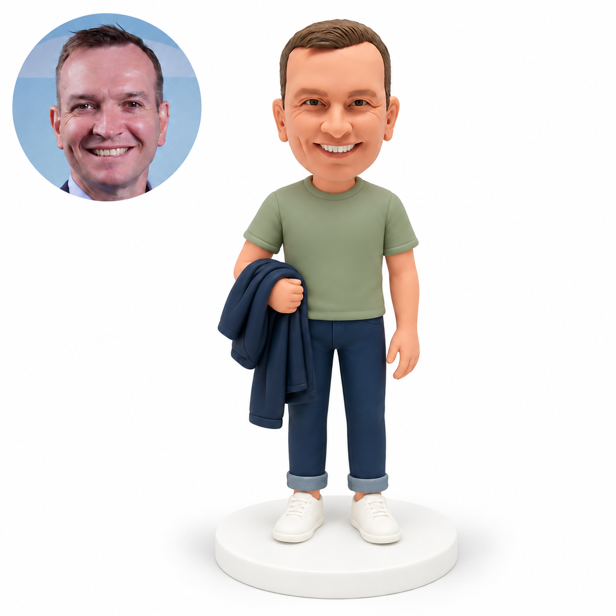 custom bobblehead figure man in a T-shirt carrying a folded coat over one forearm MGA-AC1248