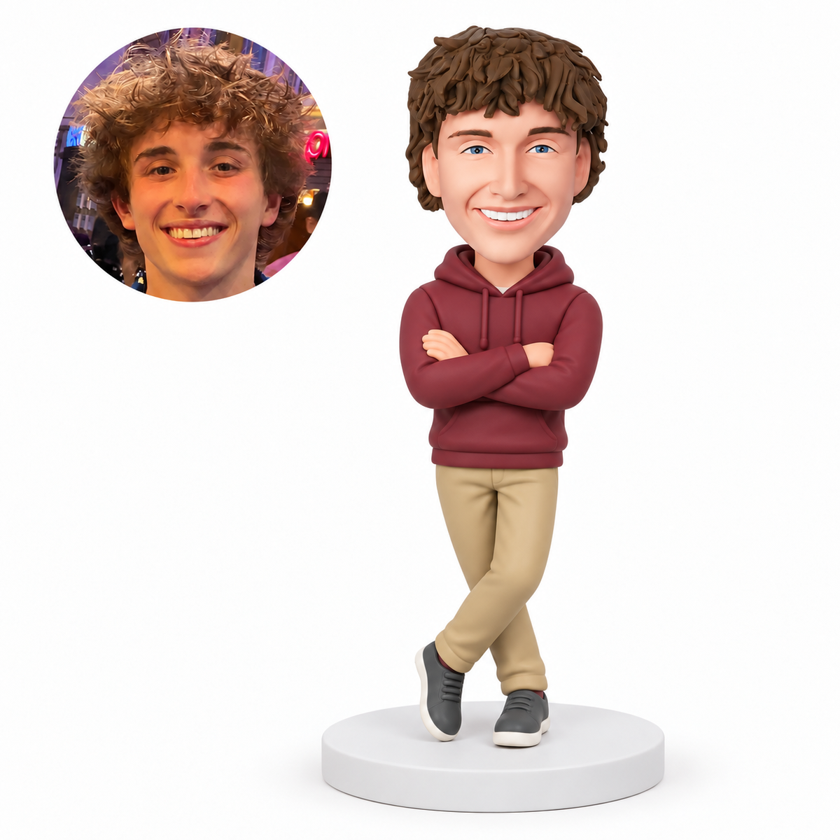 custom bobblehead figure man in a hooded pullover standing with crossed arms and crossed ankles MGA-AC1249