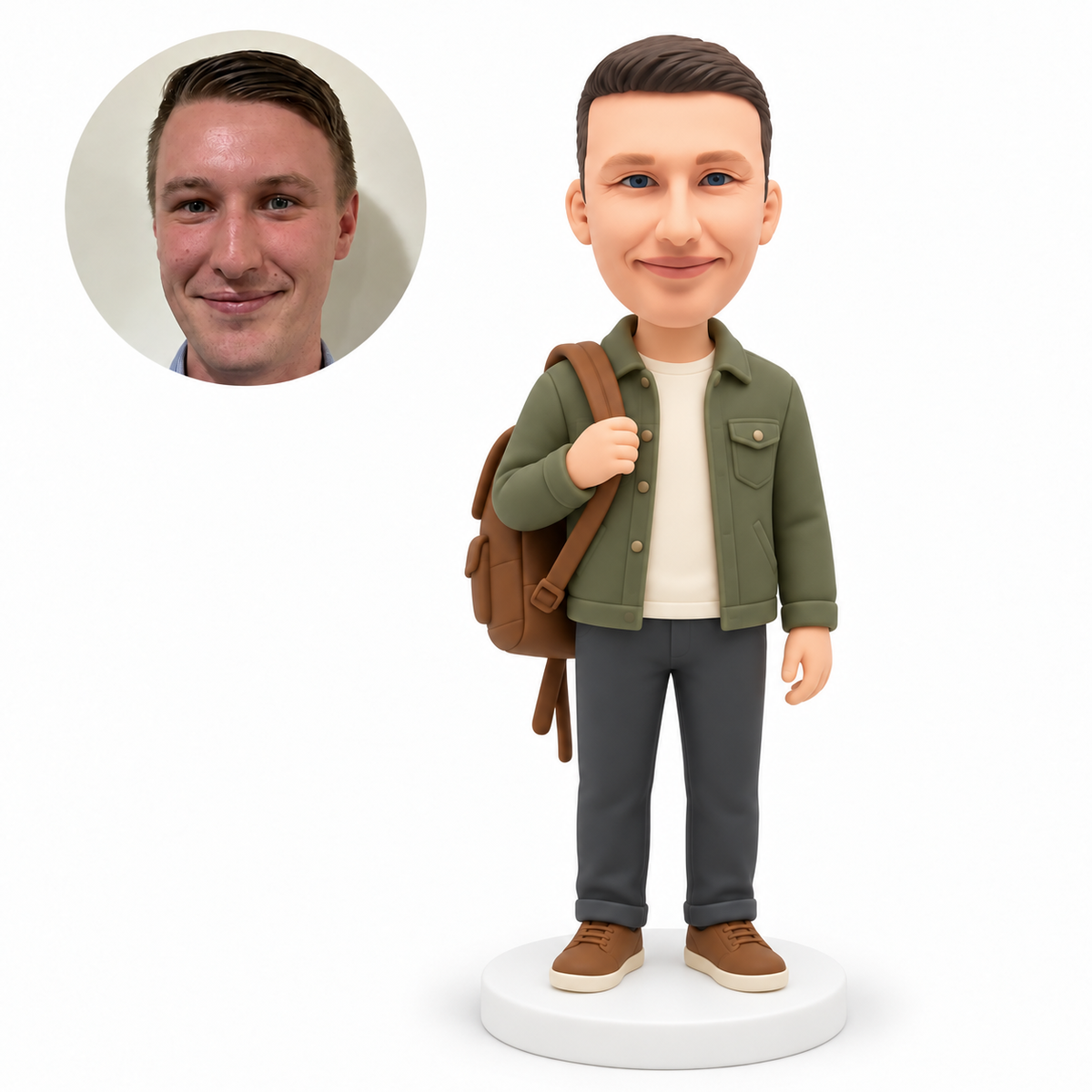 custom bobblehead figure man in a denim jacket holding a backpack shoulder strap MGA-AC1250