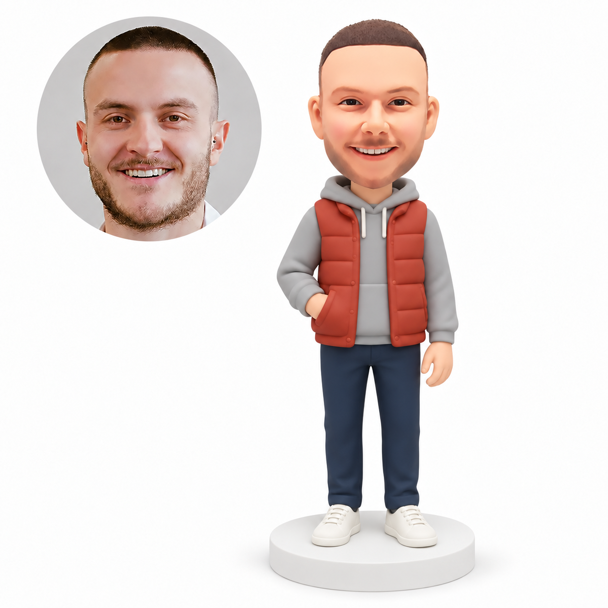 custom bobblehead figure man in a quilted vest over a hoodie with one hand in a vest pocket MGA-AC1251