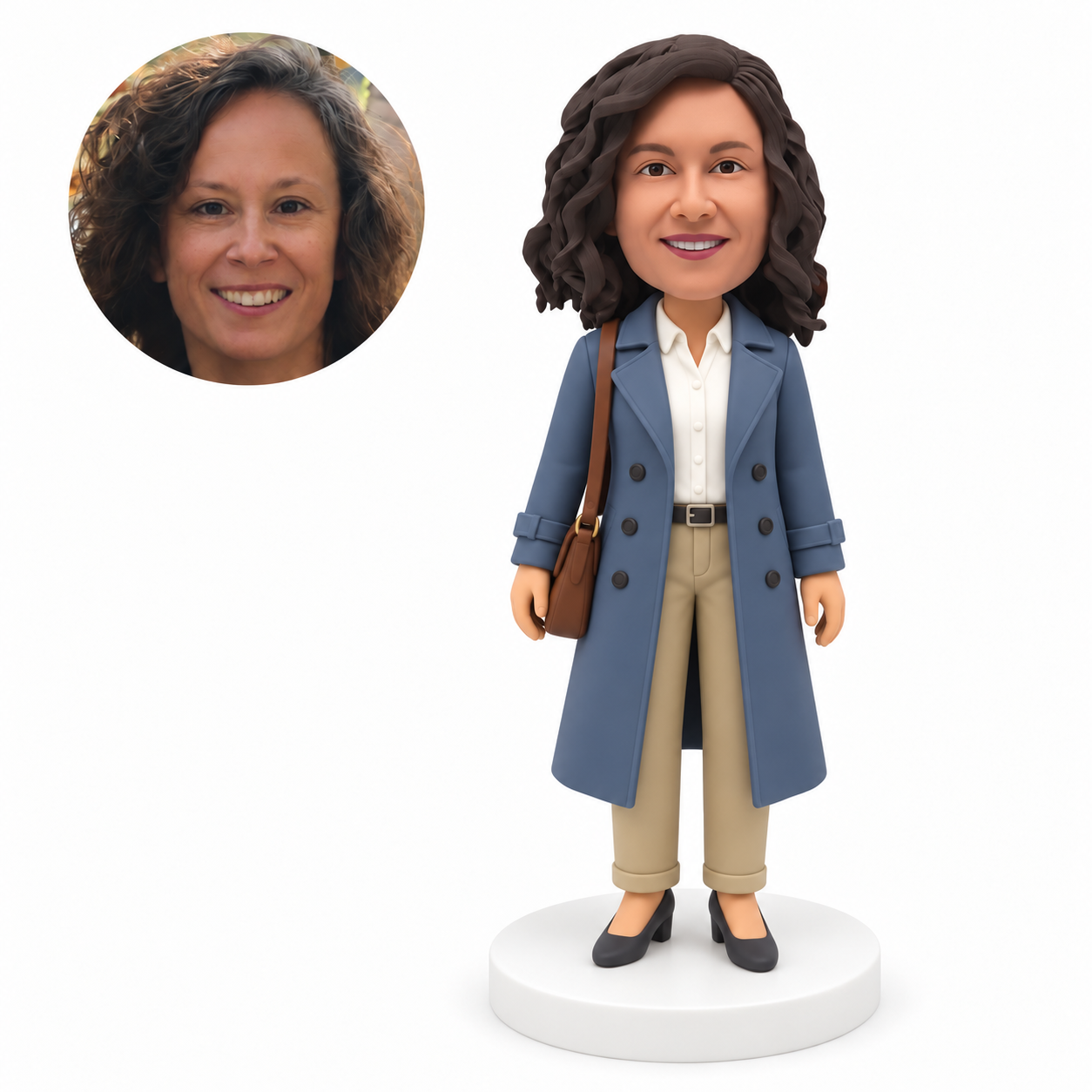 custom bobblehead figure woman in a long trench coat with a shoulder bag and both arms down MGA-AC1266