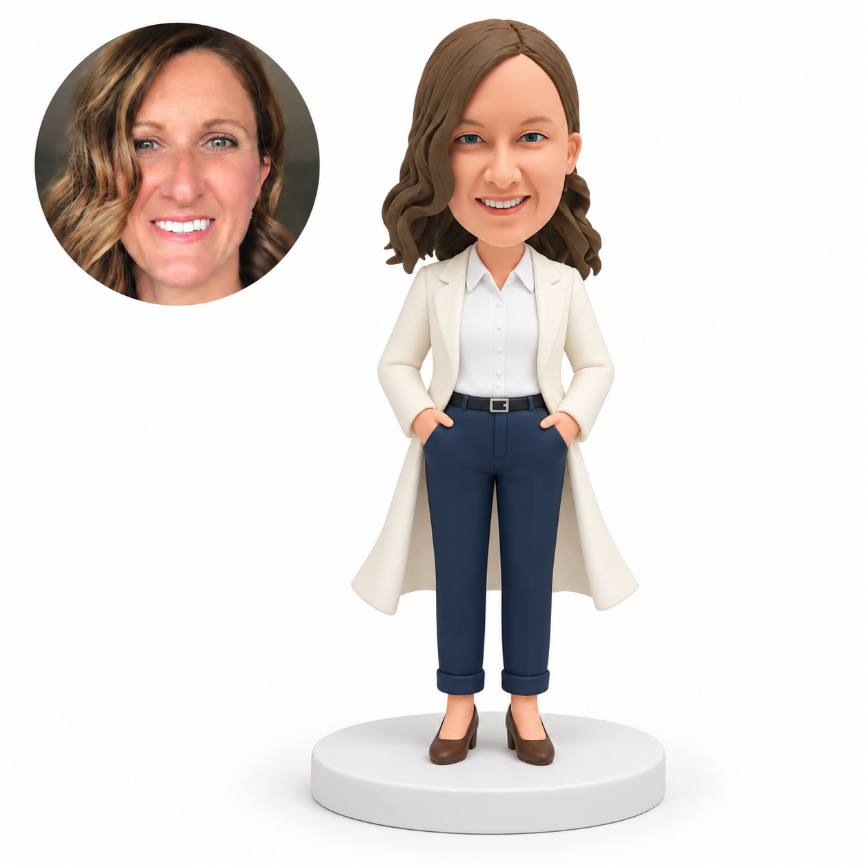custom bobblehead figure woman in a long coat with both hands in her trouser pockets MGA-AC1267