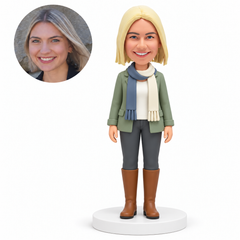 custom bobblehead figure woman in a short jacket and long scarf with both arms down MGA-AC1268