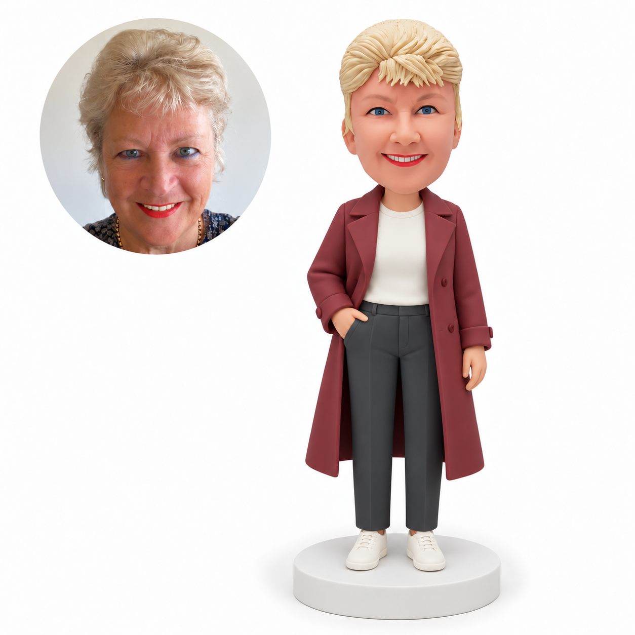 custom bobblehead figure older woman in a trench coat with one hand in a trouser pocket MGA-AC1271