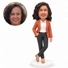 custom bobblehead figure woman in a jacket with crossed ankles and one hand in a trouser pocket MGA-AC1273