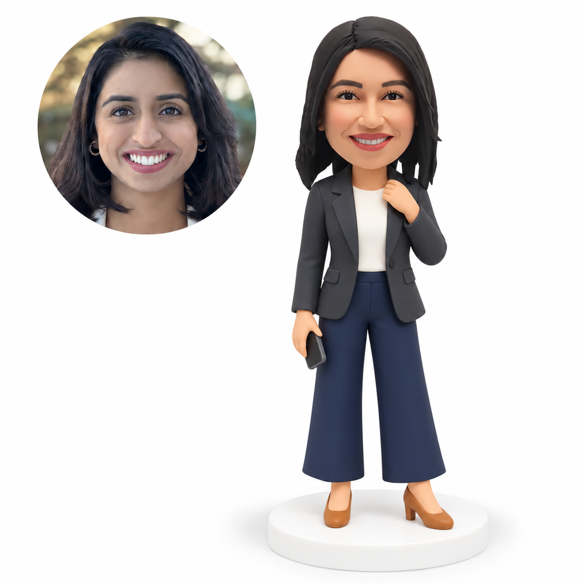 custom bobblehead figure woman in a blazer touching her collar and holding a smartphone MGA-AC1274