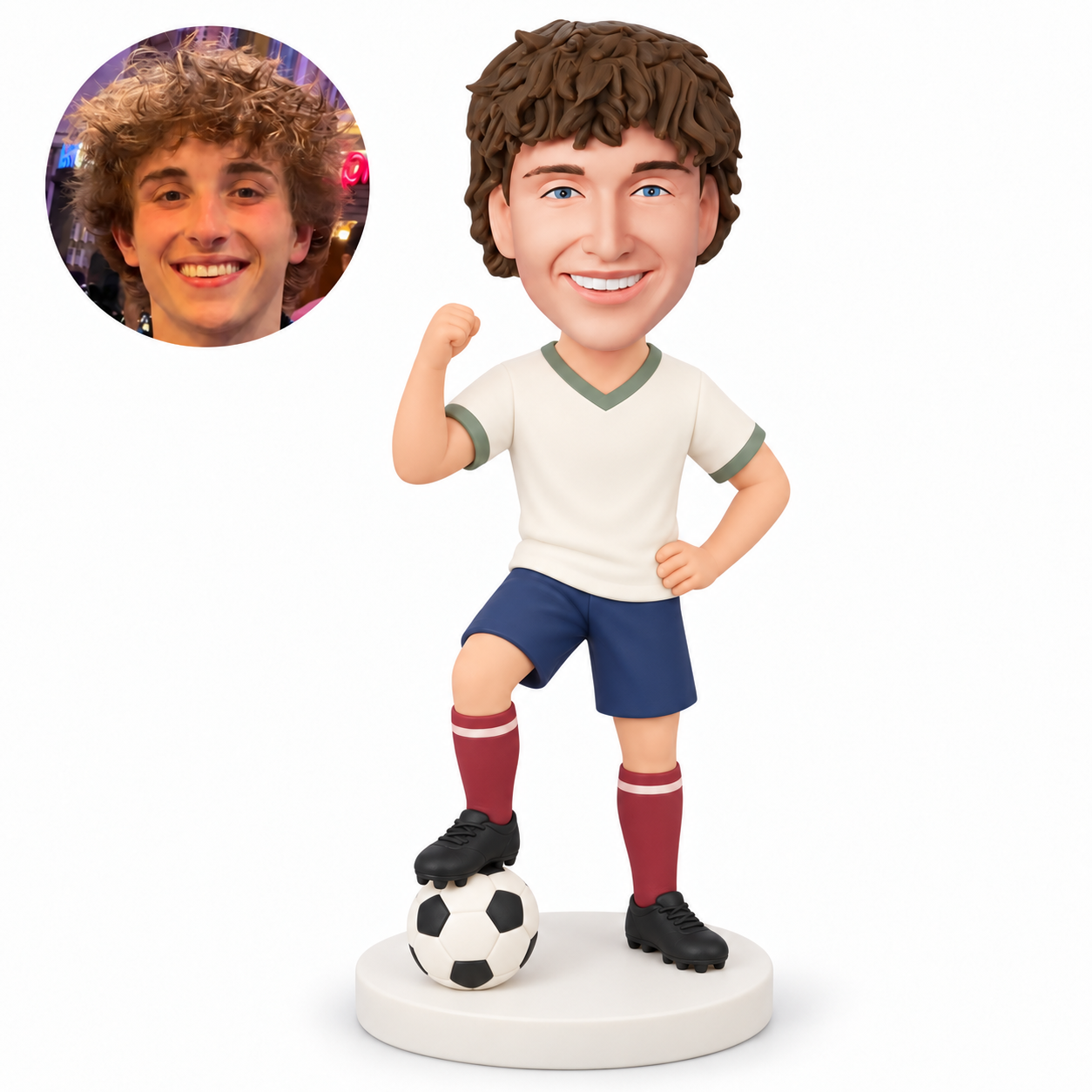 custom bobblehead figure male soccer player raising one fist with his other hand on his hip and a foot on the ball MGA-AC1279