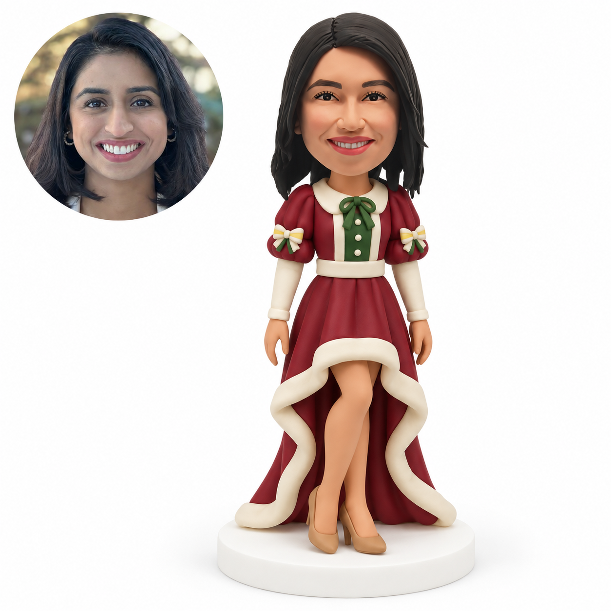 custom bobblehead figure woman in a high-low festive dress with both arms down and crossed ankles MGA-AC1281