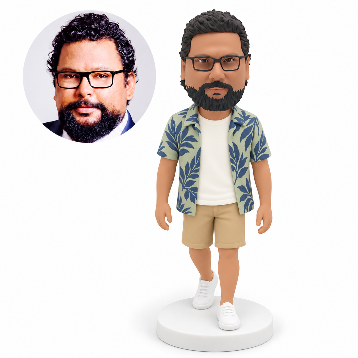 custom bobblehead figure man walking in an open tropical shirt and shorts with both arms down MGA-AC1282