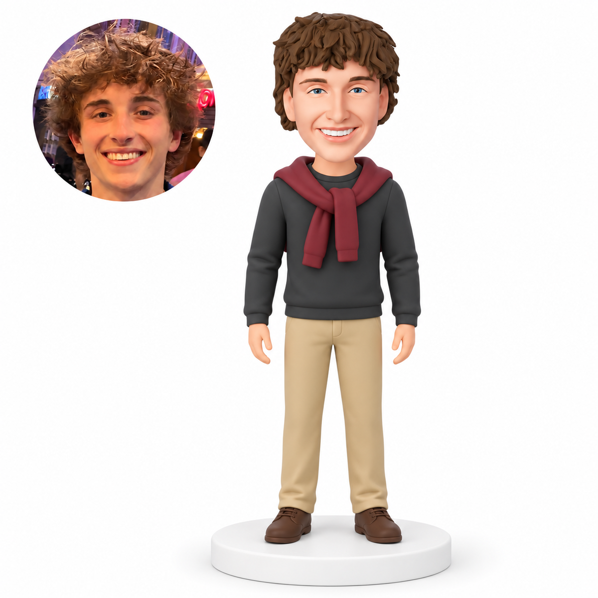 MGA-AC1293 custom bobblehead figure man in a sweater with a second sweater draped over his shoulders and both arms down