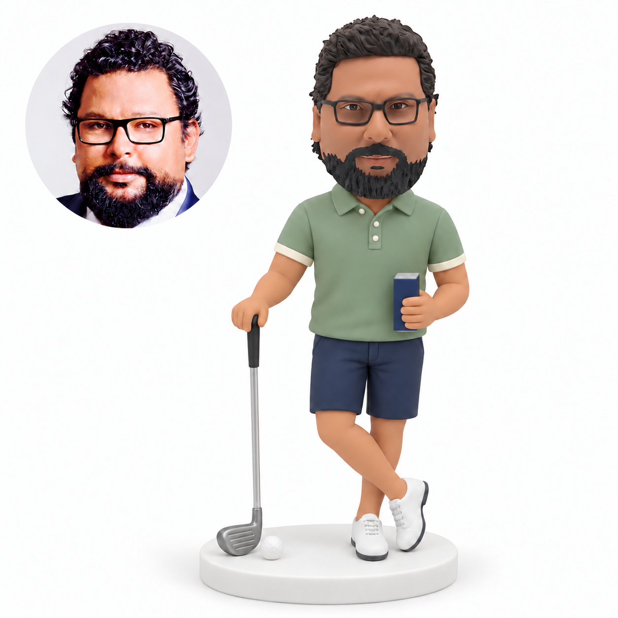 MGA-AC1294 custom bobblehead figure male golfer resting one hand on a club while holding a drink with crossed ankles
