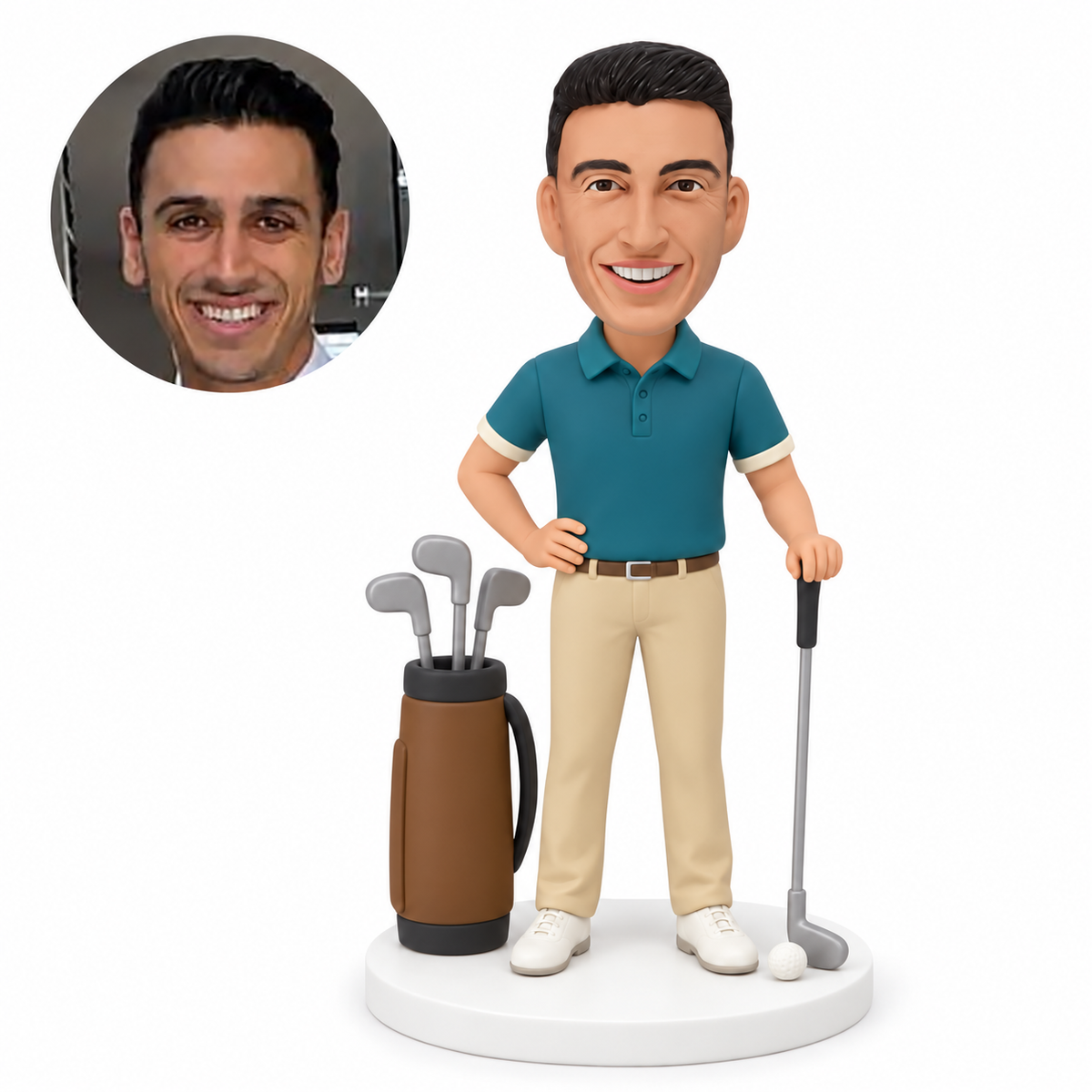 MGA-AC1298 custom bobblehead figure male golfer standing with one hand on his hip beside a golf bag and ball