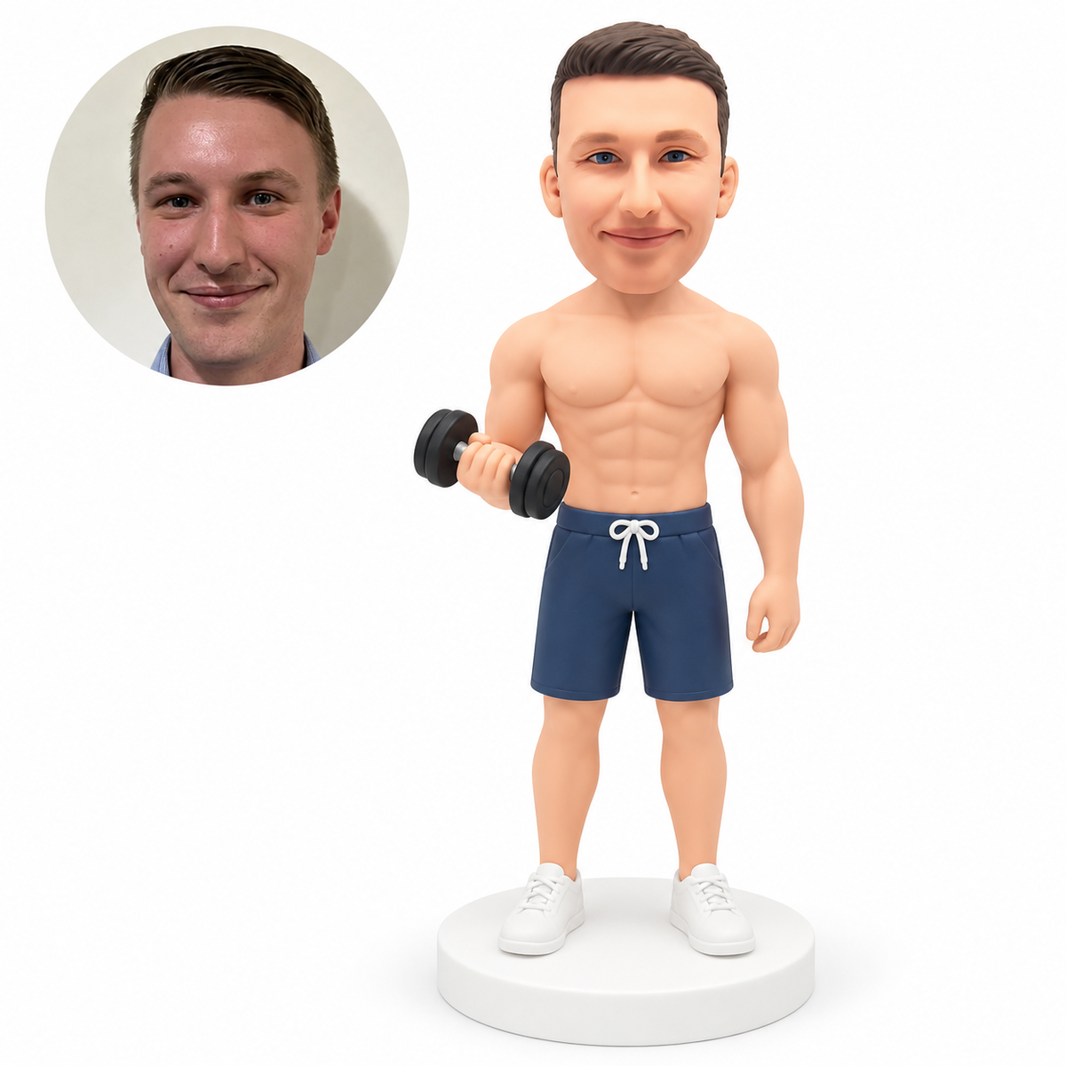 MGA-AC1299 custom bobblehead figure shirtless male athlete curling one dumbbell at his waist with his other arm down